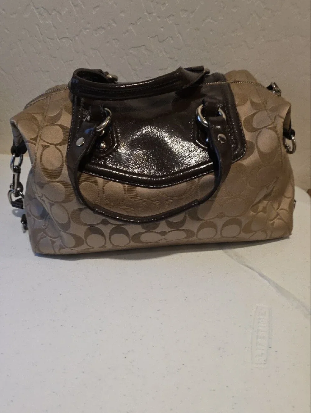 Coach Tan Signature Satchel with Dark Brown Patent Trim